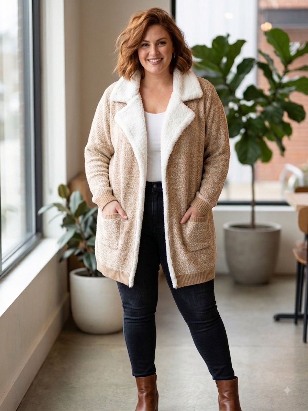 Absolutely Famous Tan Sweater with White Sherpa Collar